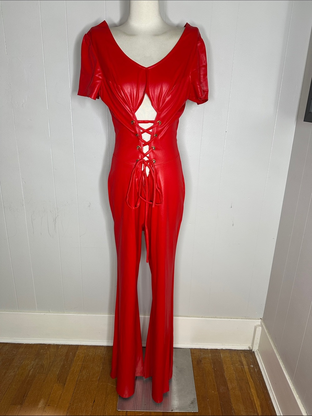 Rare 70s Wet Look Cherry Red Lace Midriff 17” Bell Jumpsuit